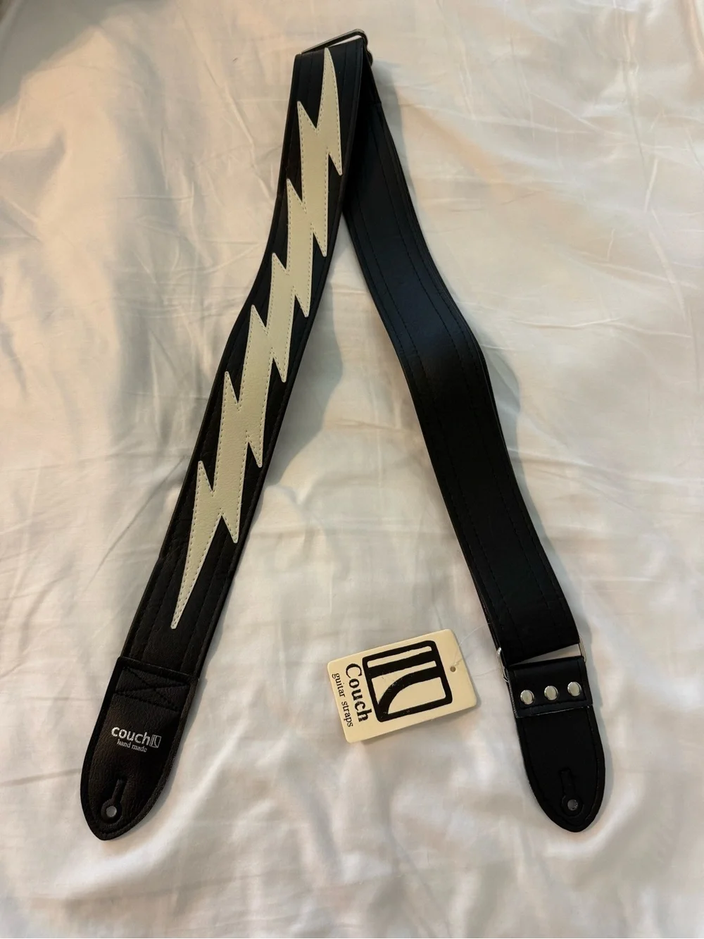 🎸 Couch Handmade Guitar Strap – Black w/ White Lightning Bolt – NEW - Picture 5 of 9